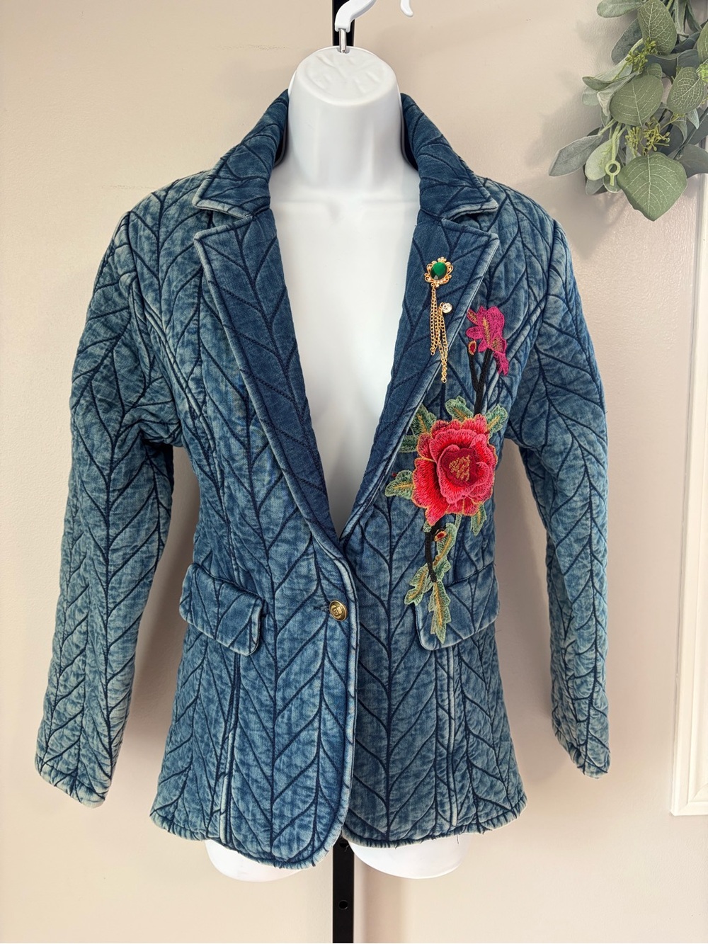 NWOT Aratta Silent Journey- Embroidered Quilted Blue Mineral Wash Blazer - Picture 16 of 16